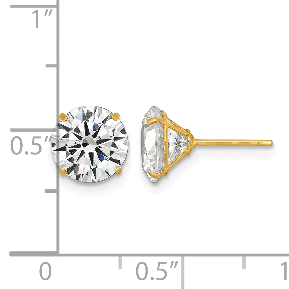 Pair of round diamond stud earrings with gold posts and backs, shown from front and side view against a measurement scale.
