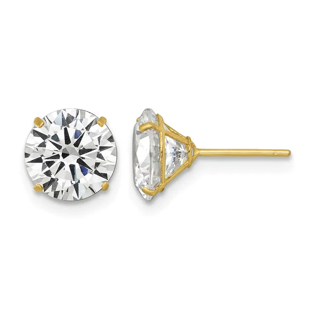 A pair of gold stud earrings with large round brilliant-cut diamonds in four-prong settings, shown from front and side views.