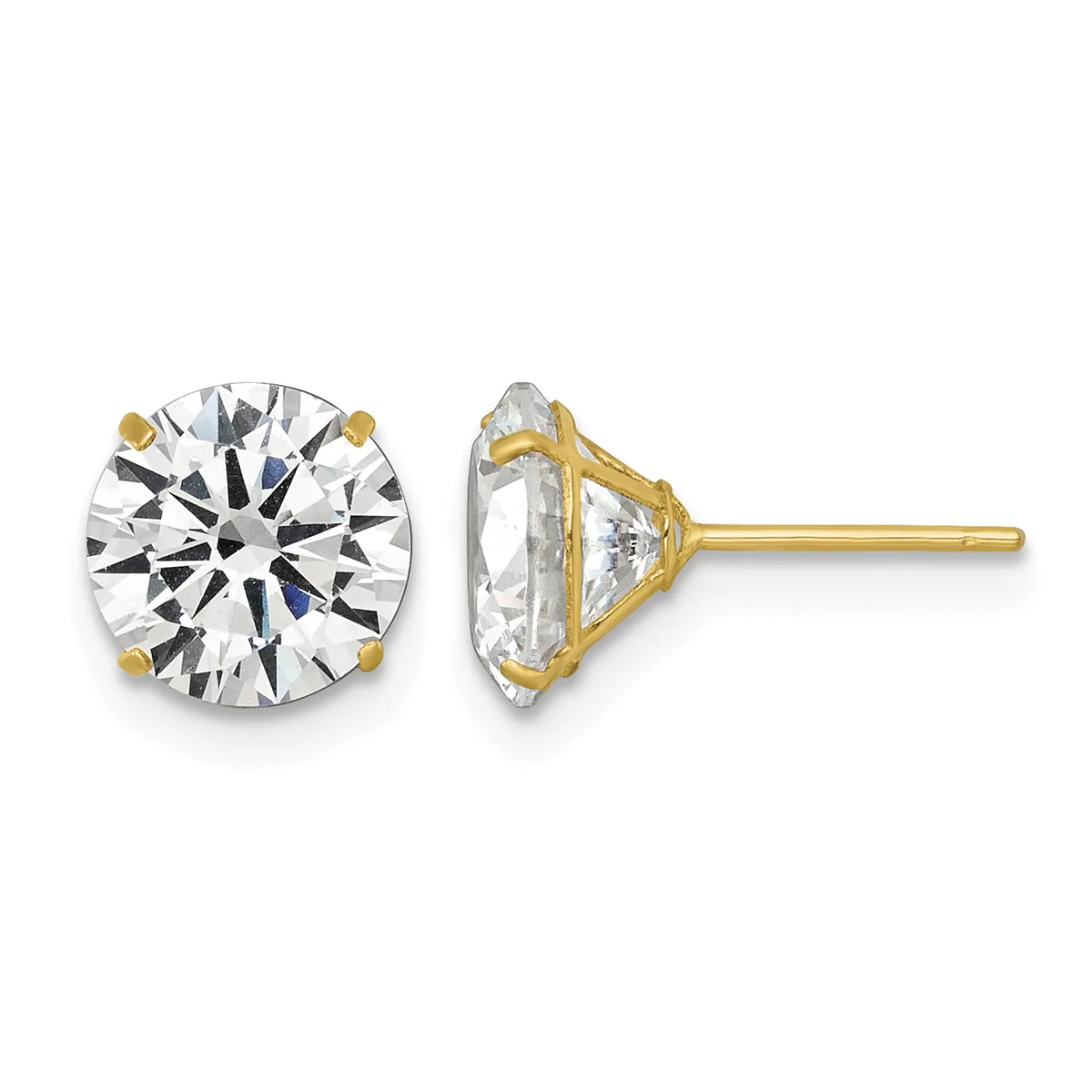 A pair of gold stud earrings with large round brilliant-cut diamonds in four-prong settings, shown from front and side views.