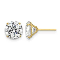 A pair of gold stud earrings with large round brilliant-cut diamonds in four-prong settings, shown from front and side views.