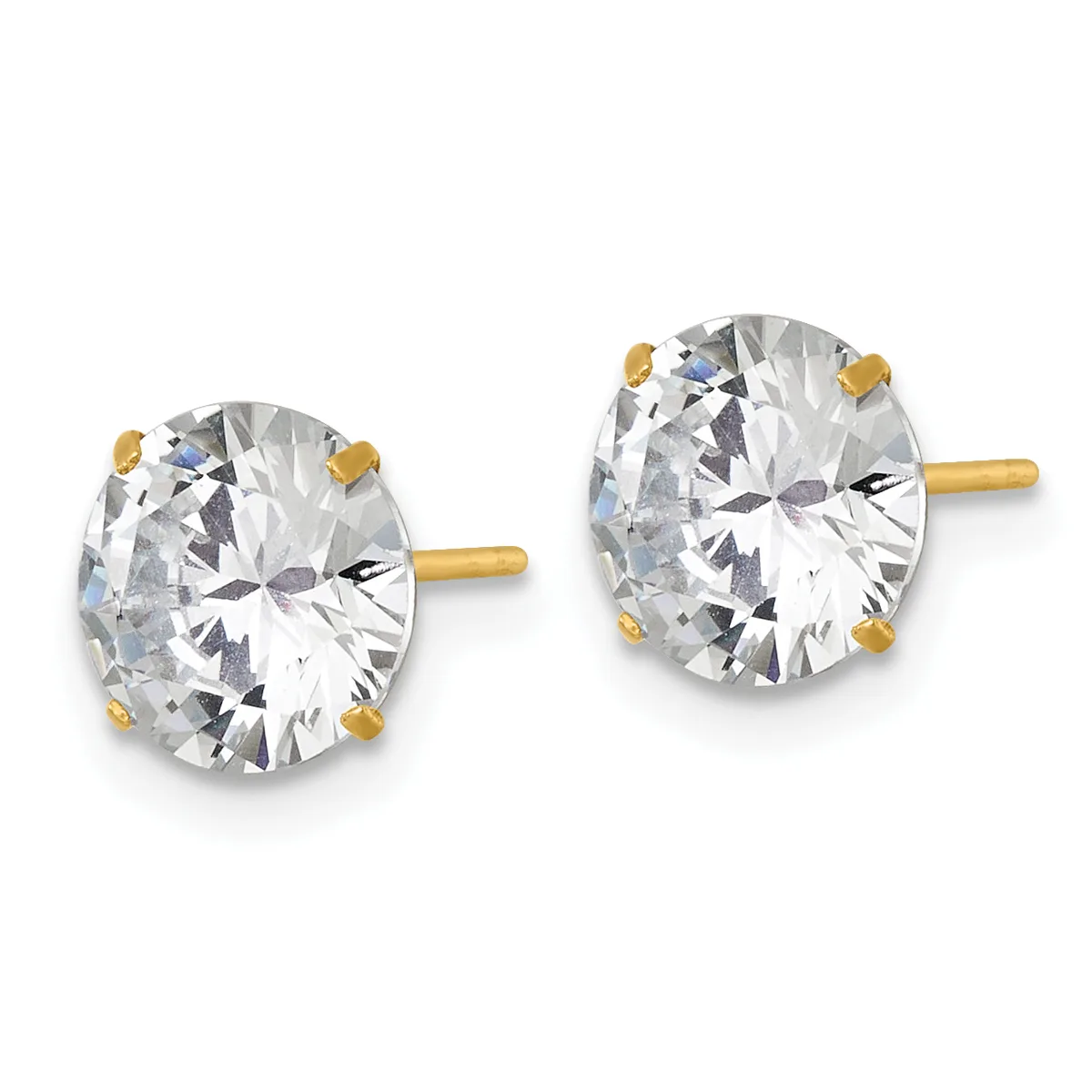 Pair of round cubic zirconia stud earrings set in yellow gold with gold posts and backs, displayed against a white background.