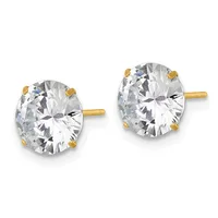 Pair of round cubic zirconia stud earrings set in yellow gold with gold posts and backs, displayed against a white background.