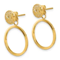 Pair of gold drop earrings with filigree disc studs at the top and polished oval loops hanging below.