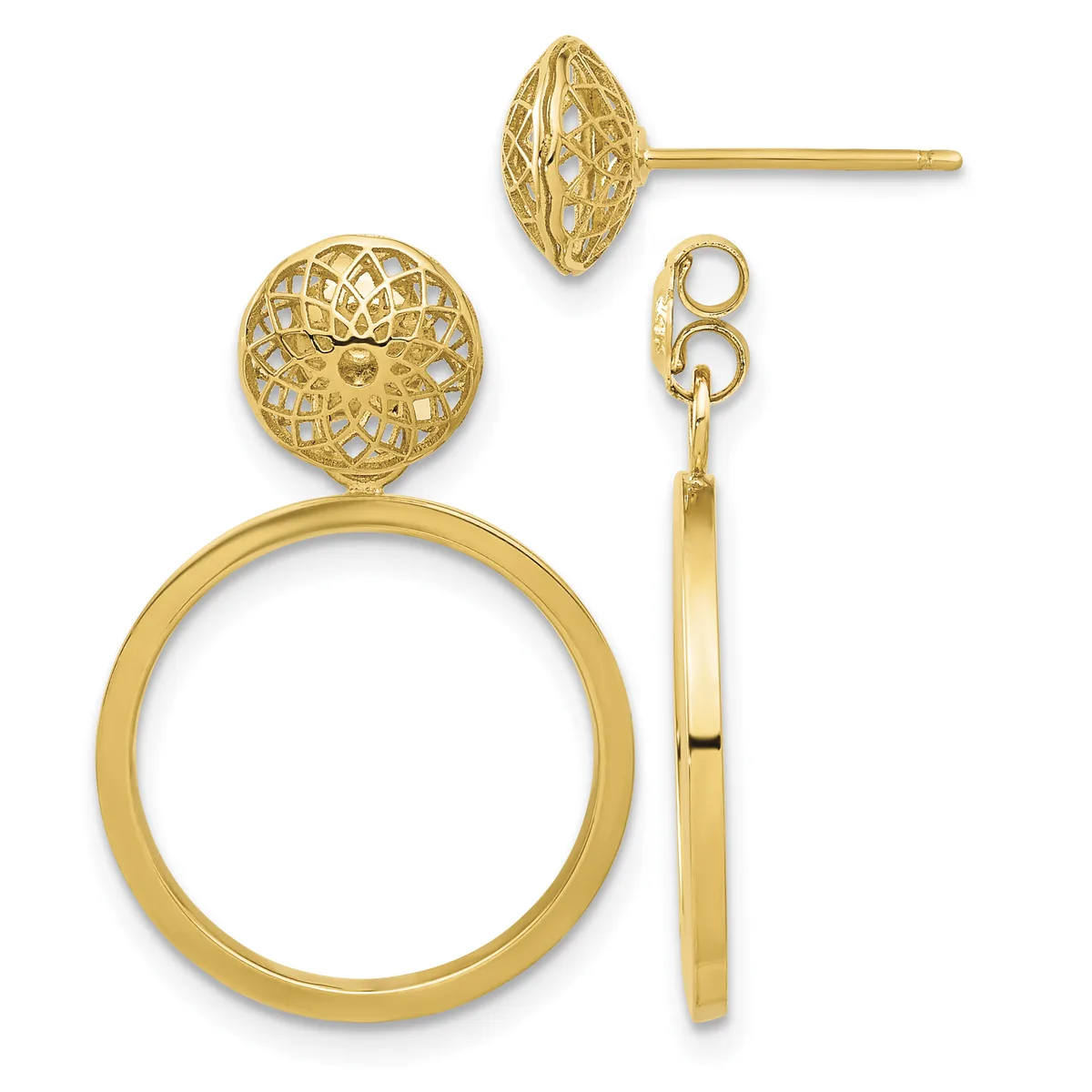 Gold filigree ball stud earrings and matching drop earrings with polished circular hoops, displayed on a white background.