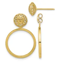 Gold filigree ball stud earrings and matching drop earrings with polished circular hoops, displayed on a white background.