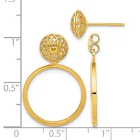 Two gold earrings displayed against a measurement scale: a filigree ball stud earring and a larger hoop earring with a matching filigree ball charm attached.