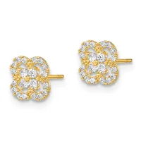 Pair of gold stud earrings with four-petaled flower design featuring round cubic zirconia stones set throughout, displayed against a white background.
