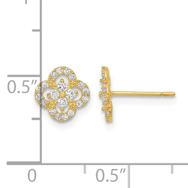 Gold-plated stud earrings with a four-lobed clover design set with cubic zirconia stones, shown front and side view against a measurement scale.