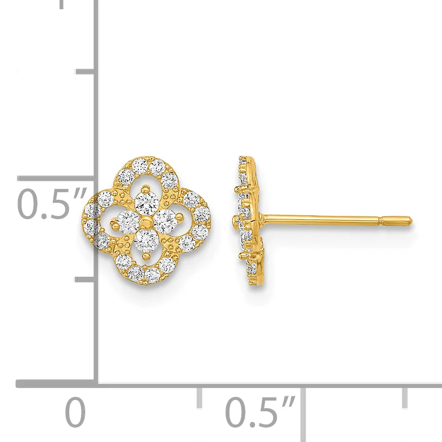 Gold-plated stud earrings with a four-lobed clover design set with cubic zirconia stones, shown front and side view against a measurement scale.