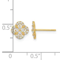 Gold-plated stud earrings with a four-lobed clover design set with cubic zirconia stones, shown front and side view against a measurement scale.