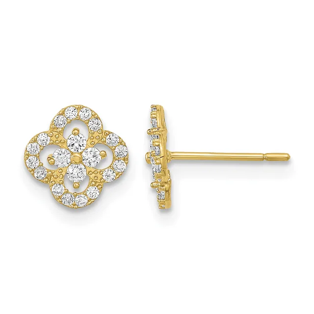 Pair of gold four-leaf clover shaped stud earrings with round diamonds set throughout, shown from front and side views.
