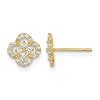 Pair of gold four-leaf clover shaped stud earrings with round diamonds set throughout, shown from front and side views.