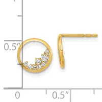 Gold circular stud earrings with scattered cubic zirconia stones, shown front and side view with a measurement scale indicating 0.5 inch diameter.