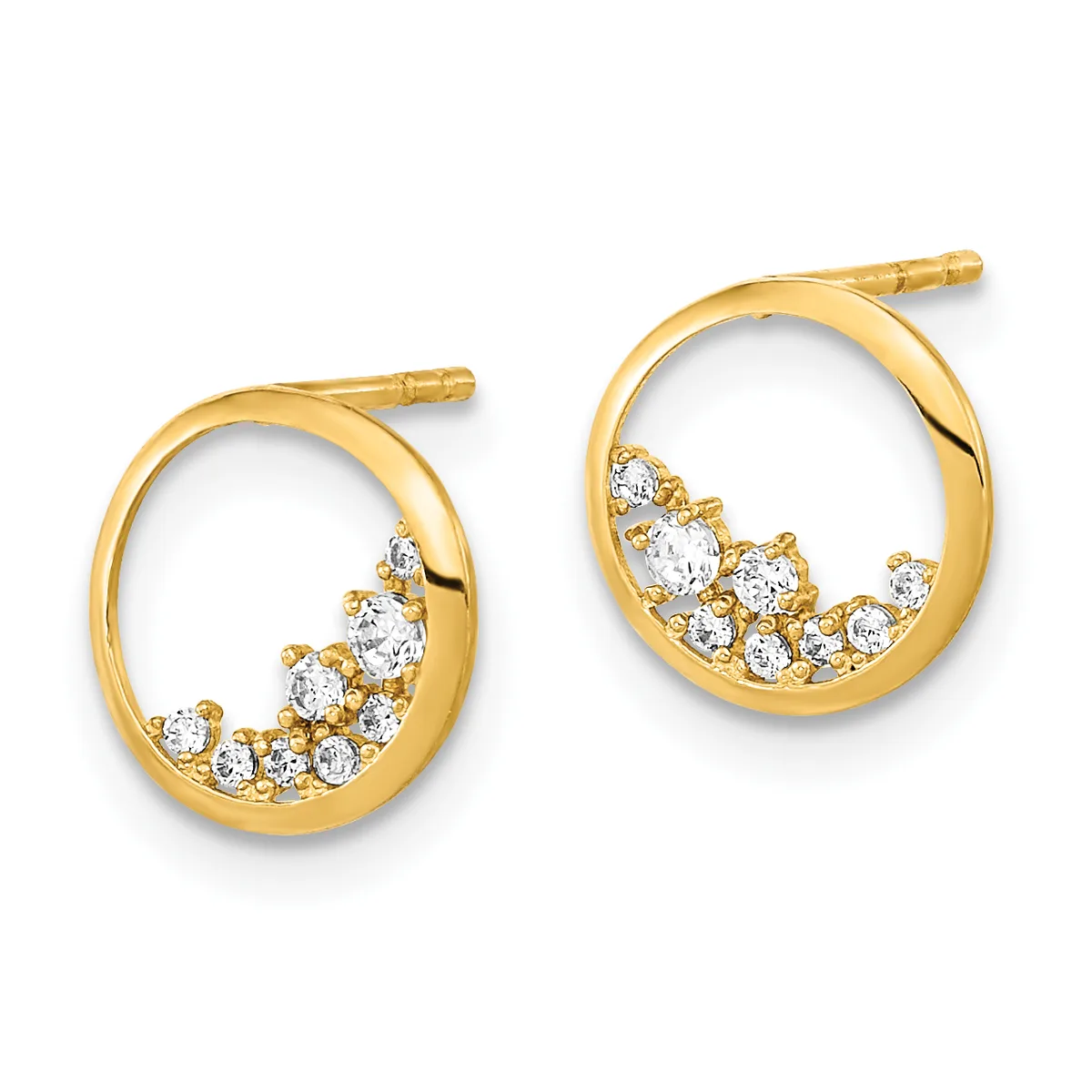 A pair of gold hoop earrings with cubic zirconia stones clustered along the bottom half of each ring, shown against a white background.