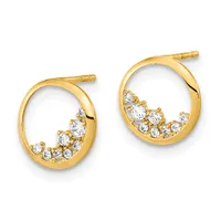 A pair of gold hoop earrings with cubic zirconia stones clustered along the bottom half of each ring, shown against a white background.