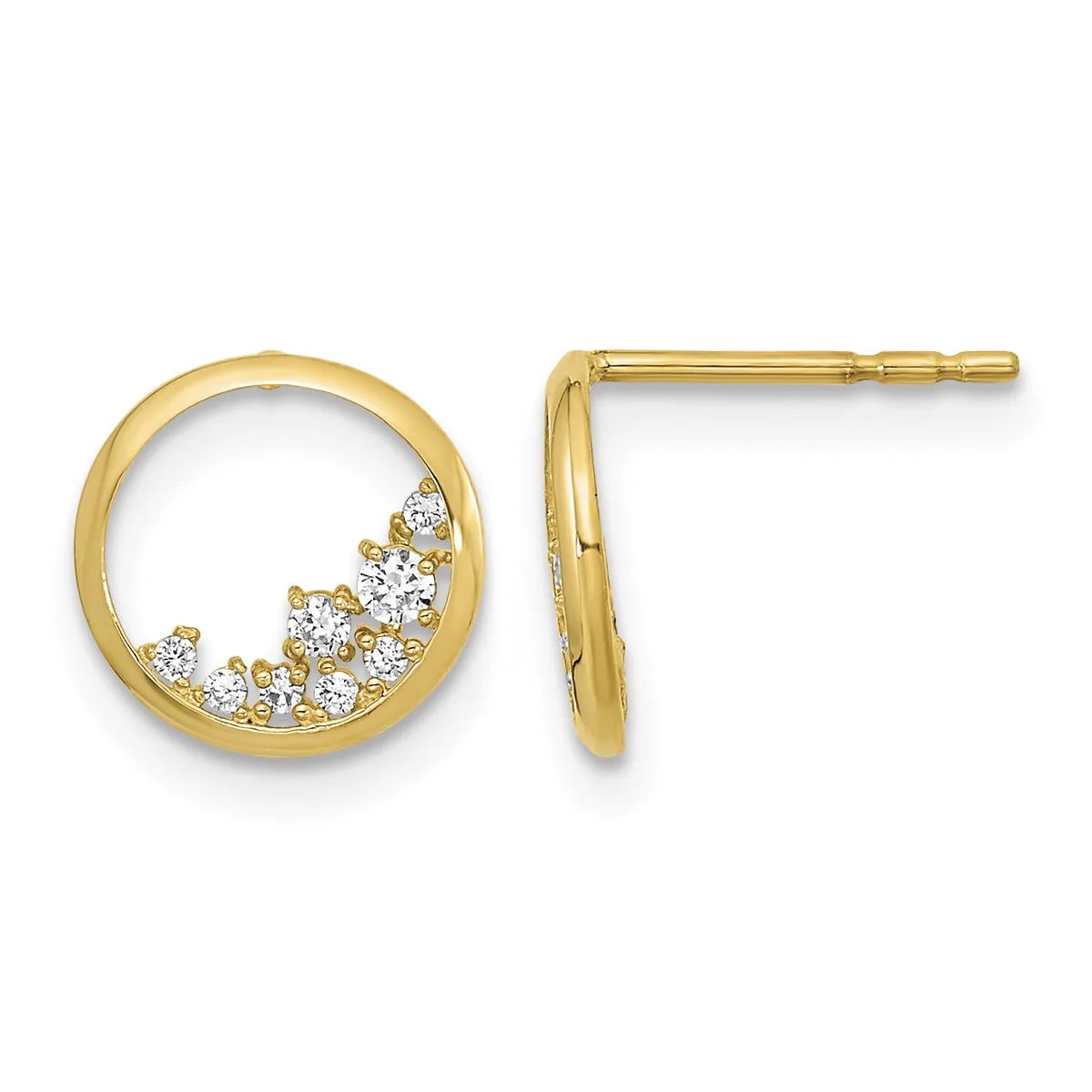 Pair of gold circular earrings with cubic zirconia stones arranged in a crescent pattern along the bottom, shown from front and side views.