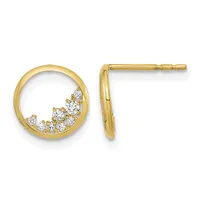 Pair of gold circular earrings with cubic zirconia stones arranged in a crescent pattern along the bottom, shown from front and side views.