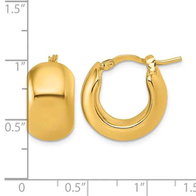 Pair of polished gold-colored chunky hoop earrings with post and clutch closures, displayed next to a ruler showing approximately one inch in height.