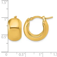Pair of polished gold-colored chunky hoop earrings with post and clutch closures, displayed next to a ruler showing approximately one inch in height.