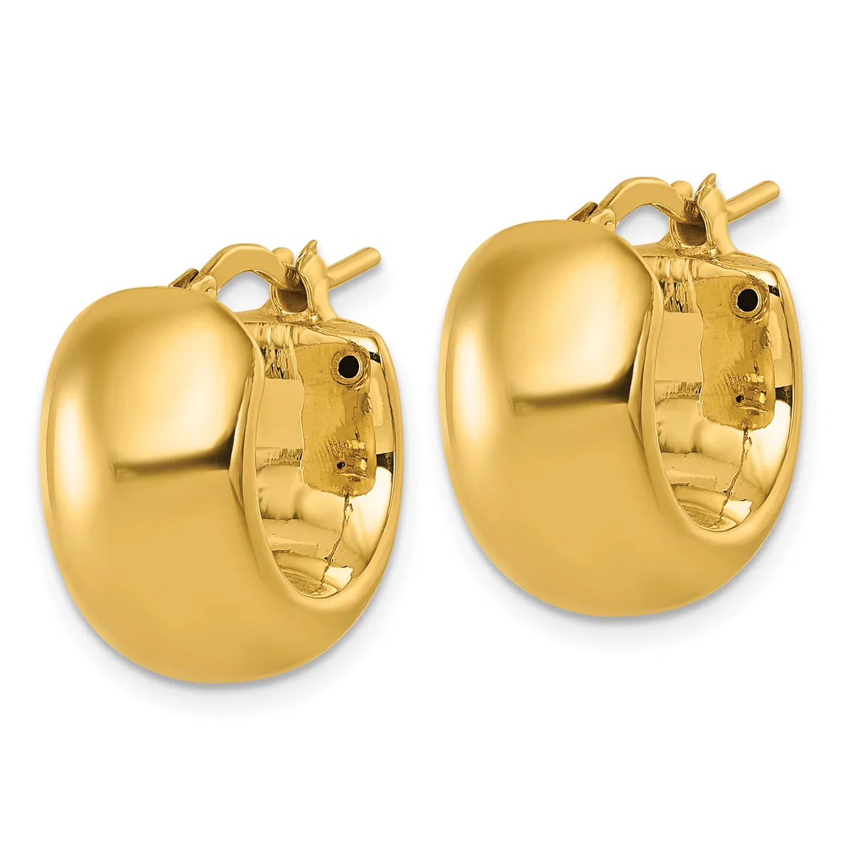 A pair of polished gold hoop earrings with a chunky, rounded profile and hinged posts with backs shown from the front and back.