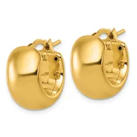 A pair of polished gold hoop earrings with a chunky, rounded profile and hinged posts with backs shown from the front and back.