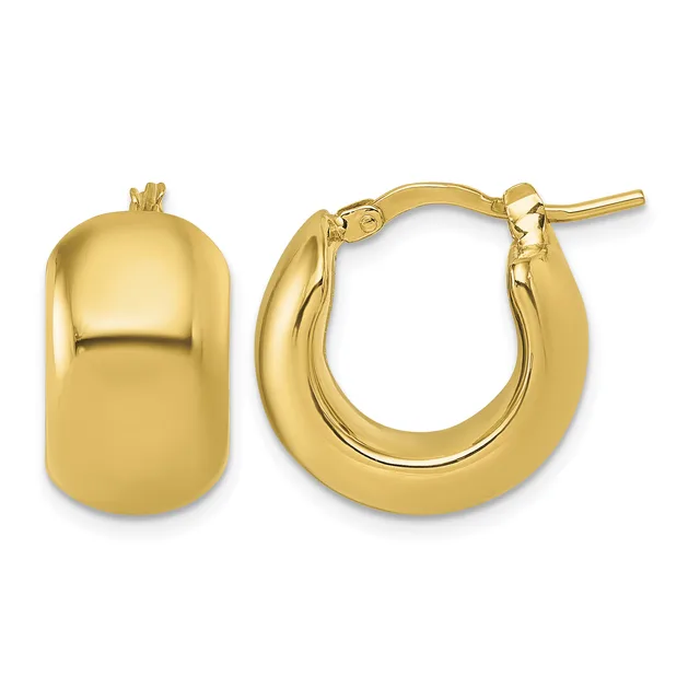 Pair of polished gold-toned chunky hoop earrings with hinged posts, shown from front and side angles.