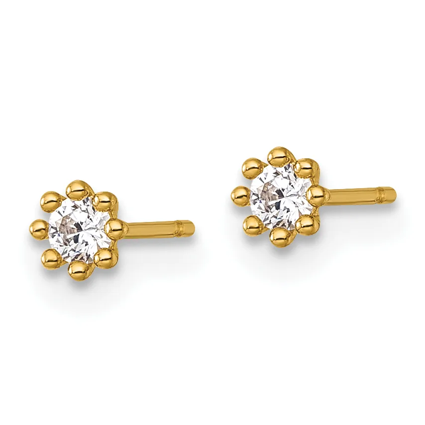 Pair of gold stud earrings with round clear crystals surrounded by beaded gold settings on posts.