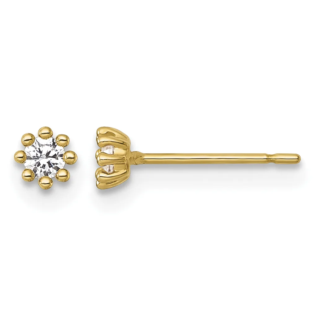 A pair of gold stud earrings with round clear gemstones in beaded settings, shown from front and side views.