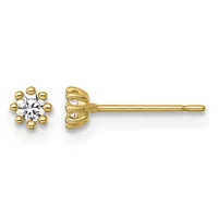 A pair of gold stud earrings with round clear gemstones in beaded settings, shown from front and side views.