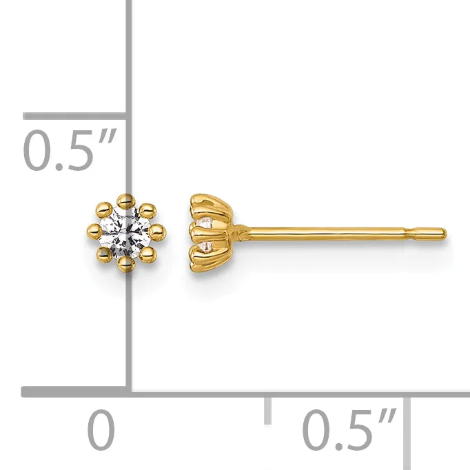 A pair of gold stud earrings with round clear gemstones in a beaded setting, shown front and side views with a measurement scale indicating approximately 0.5 inches.