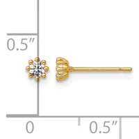 A pair of gold stud earrings with round clear gemstones in a beaded setting, shown front and side views with a measurement scale indicating approximately 0.5 inches.