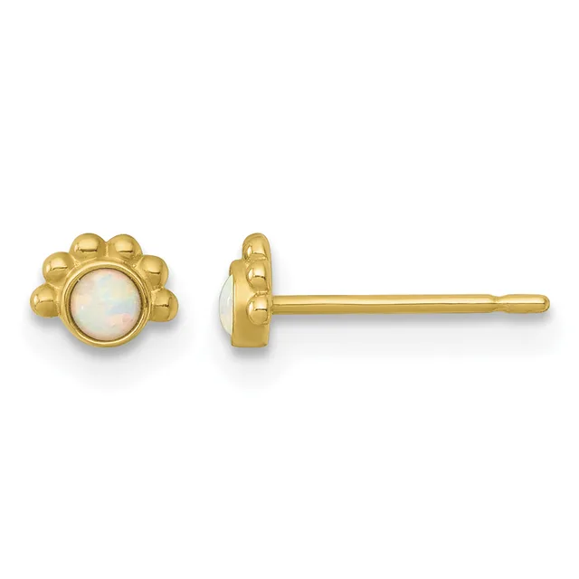 Pair of gold stud earrings with beaded bezels surrounding round opalescent white stone centers, shown from front and side views.