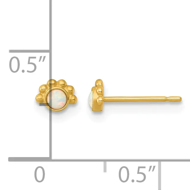 A pair of gold stud earrings with opal cabochon centers surrounded by decorative beaded bezels, shown front and side views with a measurement scale indicating 0.5 inches.