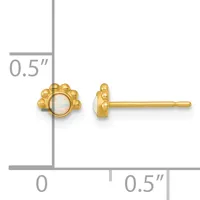 A pair of gold stud earrings with opal cabochon centers surrounded by decorative beaded bezels, shown front and side views with a measurement scale indicating 0.5 inches.