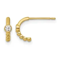 Pair of gold hoop earrings with beaded texture on the lower half and a round diamond accent at the top, shown from front and side views.