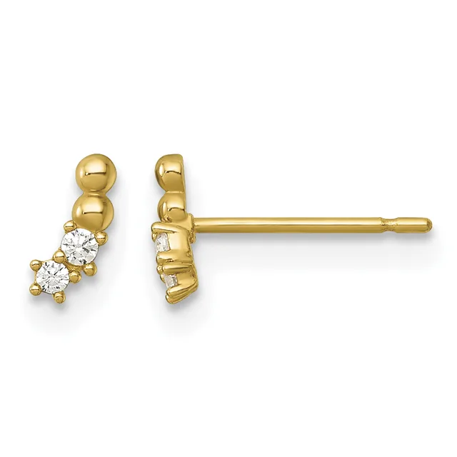 A pair of gold stud earrings with polished sphere details above two round diamond stones, shown from front and side views.