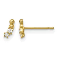 A pair of gold stud earrings with polished sphere details above two round diamond stones, shown from front and side views.