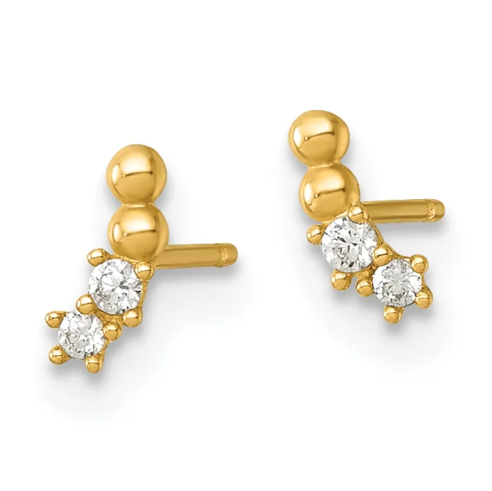 A pair of gold stud earrings with polished spheres on top and two small round cubic zirconia stones hanging below, shown from the front.