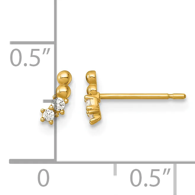 Gold stud earrings with round beads and small diamond accents, shown front and side view with a measurement scale indicating approximately half-inch length.