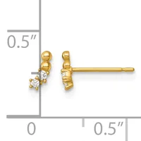 Gold stud earrings with round beads and small diamond accents, shown front and side view with a measurement scale indicating approximately half-inch length.
