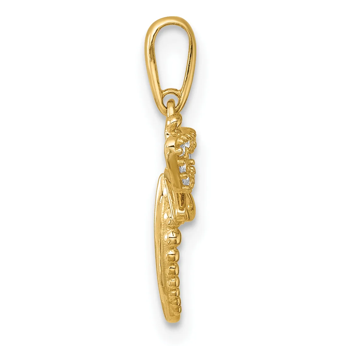 Gold-toned metal charm pendant featuring a detailed figure with small diamond accents, suspended from an elongated oval loop bail.