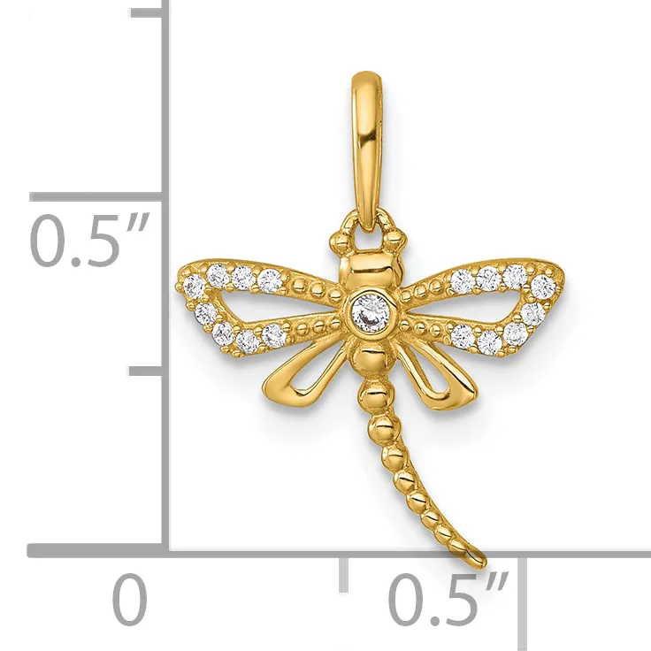 Gold dragonfly pendant with cubic zirconia stones on wings and center, shown next to a measurement scale indicating approximately half an inch in height.