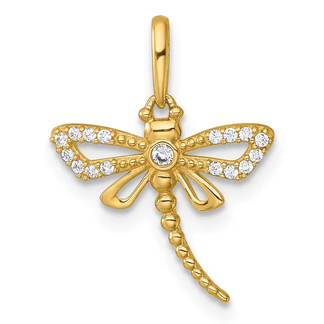 Gold dragonfly pendant with diamond-set wings and body, featuring a beaded texture and a twisted tail, suspended from a bale.