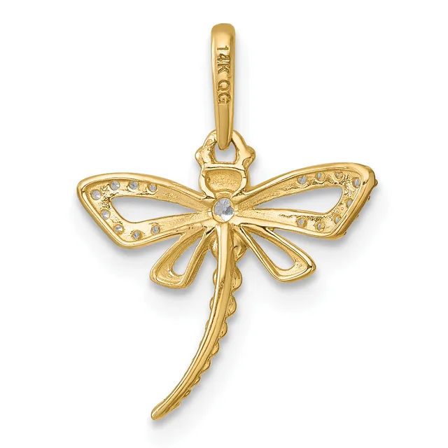 Gold dragonfly pendant with decorative filigree detailing on wings and a small clear stone at center, shown hanging from a bail loop.