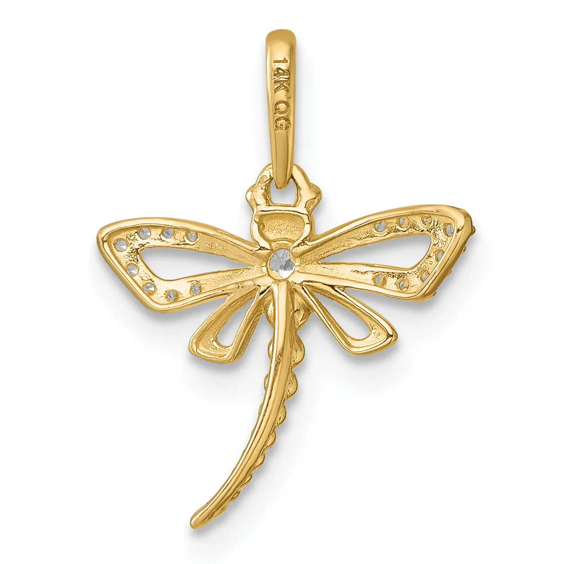 Gold dragonfly pendant with decorative filigree detailing on wings and a small clear stone at center, shown hanging from a bail loop.
