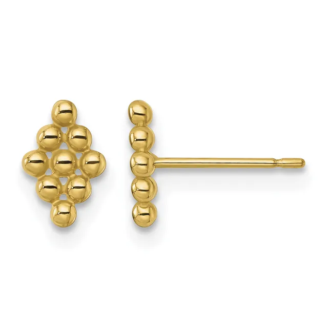 Pair of gold stud earrings made of small spheres arranged in a cross or plus-sign shape, shown from front and side views.