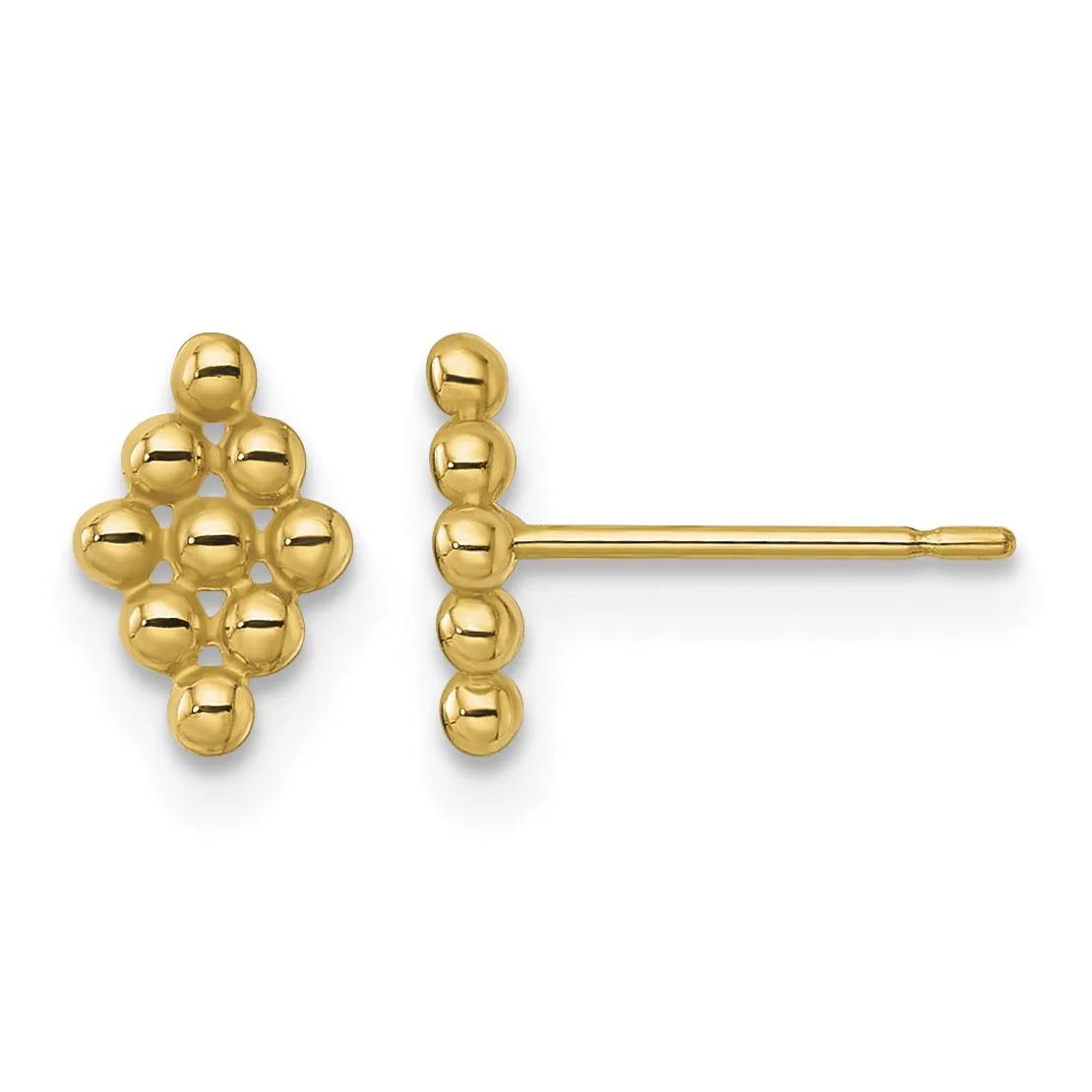 Pair of gold stud earrings made of small spheres arranged in a cross or plus-sign shape, shown from front and side views.