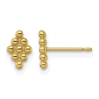 Pair of gold stud earrings made of small spheres arranged in a cross or plus-sign shape, shown from front and side views.