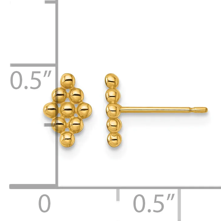 Pair of gold spherical cluster stud earrings shown at actual size with a measurement scale indicating approximately 0.5 inches in width and height.