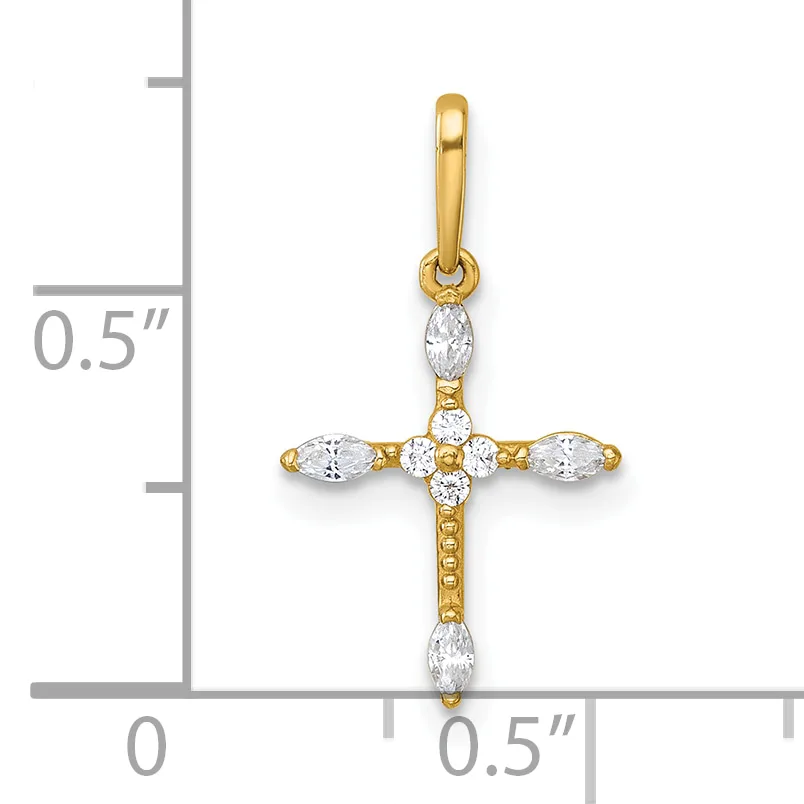 A gold cross pendant with marquise-cut cubic zirconia stones arranged in a cross pattern, shown next to a ruler indicating approximately half an inch in height.